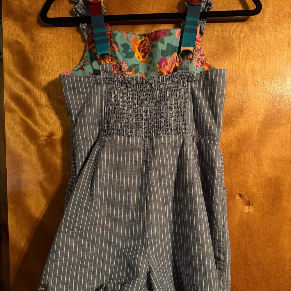 Matilda Jane Denim Striped Overalls with Floral Pattern